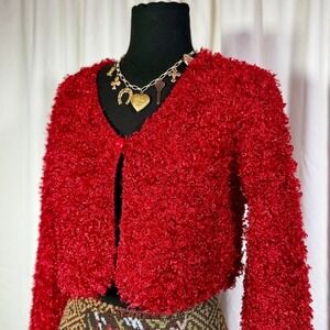 Red Textured Fuzzy Cardigan Sweater